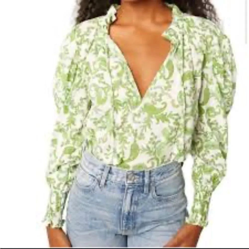 MISA Los Angeles Sienna Blouse in Green White Paisley Long Sleeve Size Medium